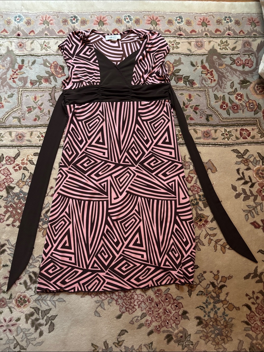 Amy Byer Pink & Black Geometric V‑Neck Wrap Midi Dress